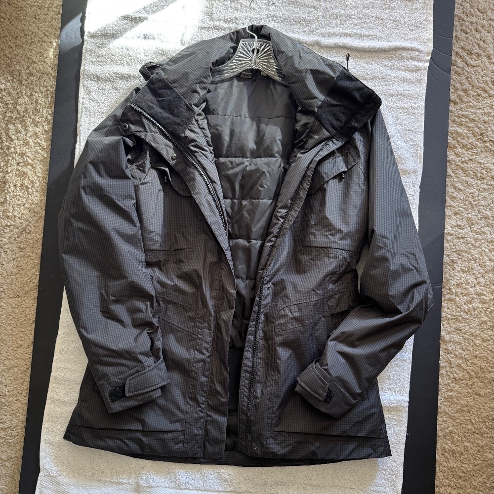 Super Cute Black and Gray Nau Rain Jacket with Quilted Lining - Size Small